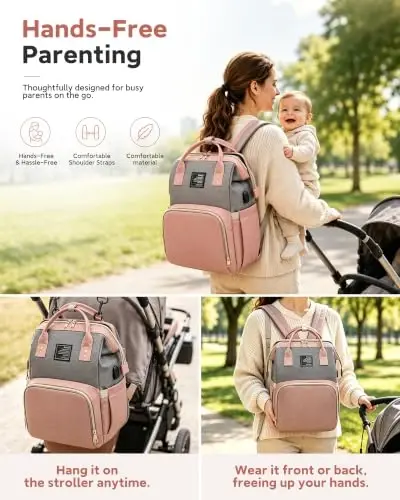 houscly Diaper Bag Backpack with Changing Station, 25L Large Capacity | Multifunction baby bag, baby registry search, baby girl newborn essentials must haves, baby shower gifts, Peach Pink - 6