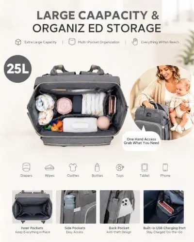 houscly Diaper Bags Backpack for Baby Boy: Large Baby Bag for Boys Girls Mom Toddler Women Men Dad Big Travel Newborn Essential Baby Registry Search Must Haves Grey - 1