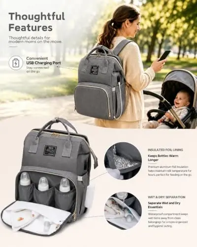 houscly Diaper Bags Backpack for Baby Boy: Large Baby Bag for Boys Girls Mom Toddler Women Men Dad Big Travel Newborn Essential Baby Registry Search Must Haves Grey - 3