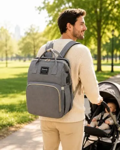 houscly Diaper Bags Backpack for Baby Boy: Large Baby Bag for Boys Girls Mom Toddler Women Men Dad Big Travel Newborn Essential Baby Registry Search Must Haves Grey - 5