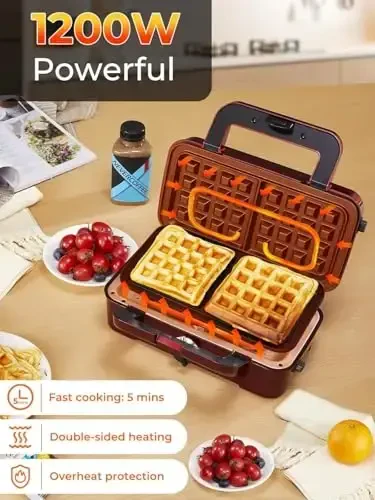 HOUSNAT Sandwich Maker, 3 in 1 Waffle Maker with Removable Plates, 1200W Panini Press with Interchangeable Non-Stick Plates, Indicator Lights, 5-gear Temperature Control (Red) - 4