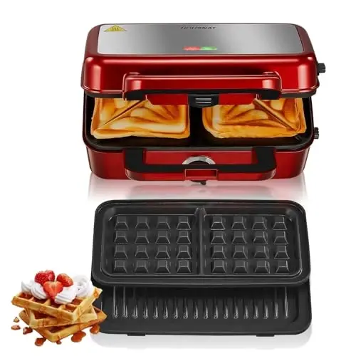 HOUSNAT Sandwich Maker, 3 in 1 Waffle Maker with Removable Plates, 1200W Panini Press with Interchangeable Non-Stick Plates, Indicator Lights, 5-gear Temperature Control (Red) - 1
