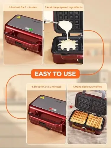 HOUSNAT Sandwich Maker, 3 in 1 Waffle Maker with Removable Plates, 1200W Panini Press with Interchangeable Non-Stick Plates, Indicator Lights, 5-gear Temperature Control (Red) - 5