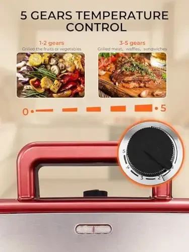 HOUSNAT Sandwich Maker, 3 in 1 Waffle Maker with Removable Plates, 1200W Panini Press with Interchangeable Non-Stick Plates, Indicator Lights, 5-gear Temperature Control (Red) - 3