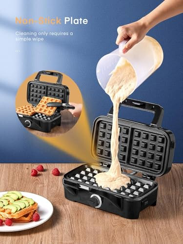 HOUSNAT Sandwich Maker, 3 in 1 Waffle Maker with Removable Plates, 1200W Panini Press with Interchangeable Non-Stick Plates, Indicator Lights, 5-gear Temperature Control (Black) - 6