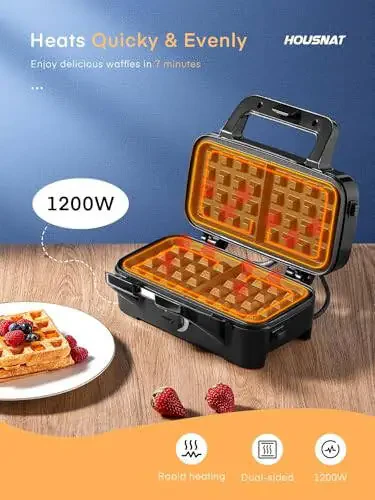 HOUSNAT Sandwich Maker, 3 in 1 Waffle Maker with Removable Plates, 1200W Panini Press with Interchangeable Non-Stick Plates, Indicator Lights, 5-gear Temperature Control (Black) - 1