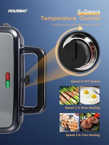 HOUSNAT Sandwich Maker, 3 in 1 Waffle Maker with Removable Plates, 1200W Panini Press with Interchangeable Non-Stick Plates, Indicator Lights, 5-gear Temperature Control (Black) - HOUSNAT (1)