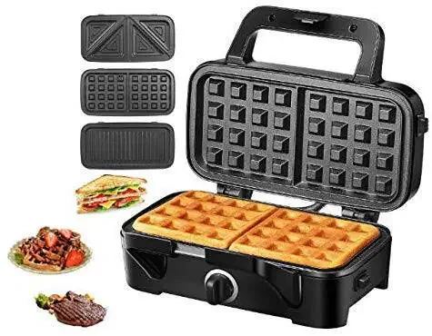 HOUSNAT Sandwich Maker, 3 in 1 Waffle Maker with Removable Plates, 1200W Panini Press with Interchangeable Non-Stick Plates, Indicator Lights, 5-gear Temperature Control (Black) - 6