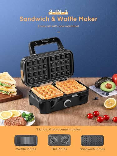 HOUSNAT Sandwich Maker, 3 in 1 Waffle Maker with Removable Plates, 1200W Panini Press with Interchangeable Non-Stick Plates, Indicator Lights, 5-gear Temperature Control (Black) - 3