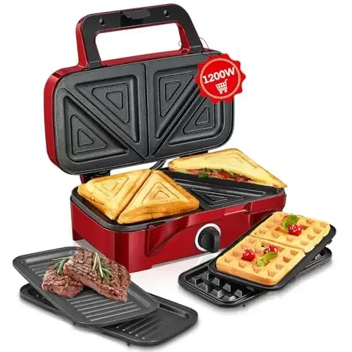 HOUSNAT Sandwich Maker, 3 in 1 Waffle Maker with Removable Plates, 1200W Panini Press with Interchangeable Non-Stick Plates, Indicator Lights, 5-gear Temperature Control (Red) - 1