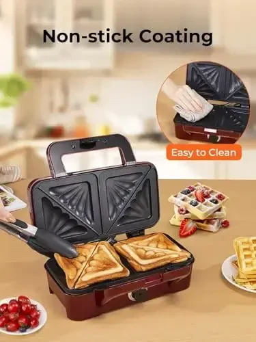 HOUSNAT Sandwich Maker, 3 in 1 Waffle Maker with Removable Plates, 1200W Panini Press with Interchangeable Non-Stick Plates, Indicator Lights, 5-gear Temperature Control (Red) - 7