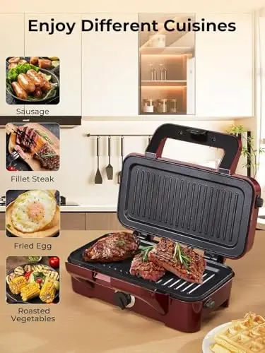 HOUSNAT Sandwich Maker, 3 in 1 Waffle Maker with Removable Plates, 1200W Panini Press with Interchangeable Non-Stick Plates, Indicator Lights, 5-gear Temperature Control (Red) - 6