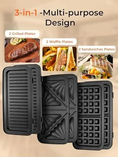HOUSNAT Sandwich Maker, 3 in 1 Waffle Maker with Removable Plates, 1200W Panini Press with Interchangeable Non-Stick Plates, Indicator Lights, 5-gear Temperature Control (Red) - HOUSNAT (1)