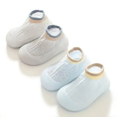 HOVELL Toddler 2 Pairs Anti-Skid Socks Shoes Baby Boys Girls Rubber Sole Indoor First Walking Slippers - 1