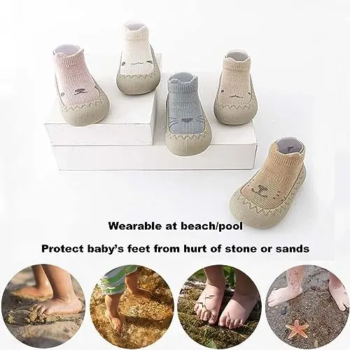 HOVELL Toddler 2 Pairs Anti-Skid Socks Shoes Baby Boys Girls Rubber Sole Indoor First Walking Slippers - 6