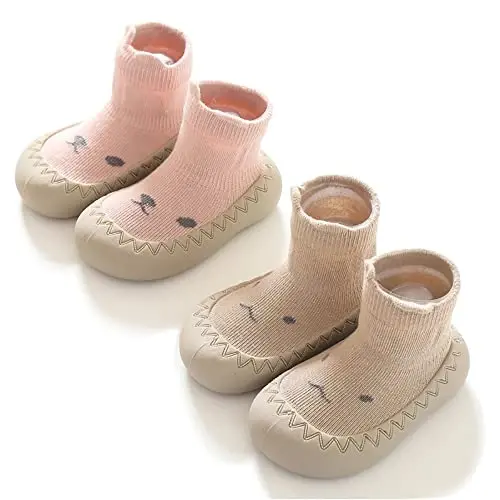HOVELL Toddler 2 Pairs Anti-Skid Socks Shoes Baby Boys Girls Rubber Sole Indoor First Walking Slippers - 1