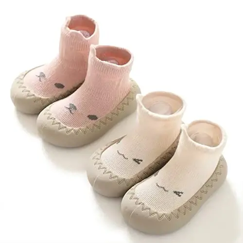 HOVELL Toddler 2 Pairs Anti-Skid Socks Shoes Baby Boys Girls Rubber Sole Indoor First Walking Slippers - 1
