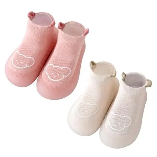 HOVELL Toddler 2 Pairs Anti-Skid Socks Shoes Baby Boys Girls Rubber Sole Indoor First Walking Slippers - 1