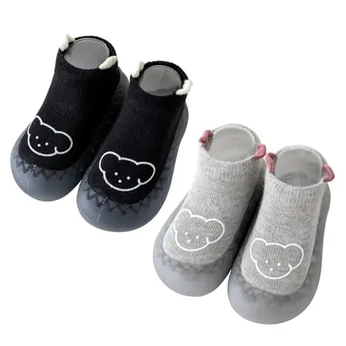 HOVELL Toddler 2 Pairs Anti-Skid Socks Shoes Baby Boys Girls Rubber Sole Indoor First Walking Slippers - HOVELL