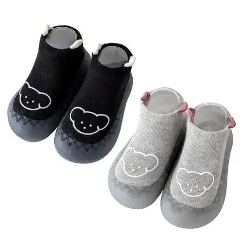 HOVELL Toddler 2 Pairs Anti-Skid Socks Shoes Baby Boys Girls Rubber Sole Indoor First Walking Slippers - HOVELL