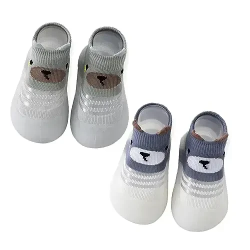 HOVELL Toddler 2 Pairs Anti-Skid Socks Shoes Baby Boys Girls Rubber Sole Indoor First Walking Slippers - HOVELL