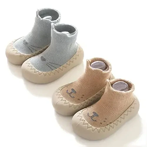 HOVELL Toddler 2 Pairs Anti-Skid Socks Shoes Baby Boys Girls Rubber Sole Indoor First Walking Slippers - HOVELL