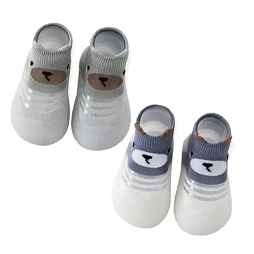 HOVELL Toddler 2 Pairs Anti-Skid Socks Shoes Baby Boys Girls Rubber Sole Indoor First Walking Slippers - 1