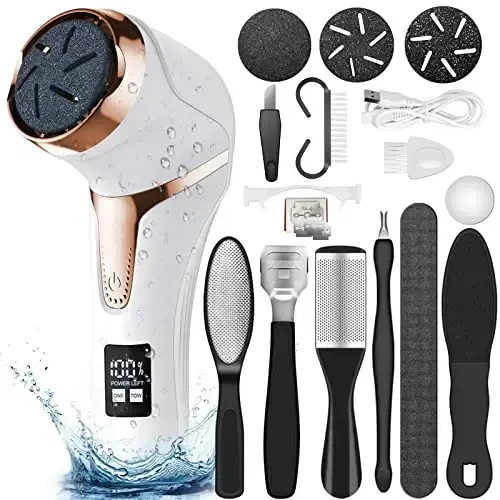 Hoxida Electric Callus Remover for Feet (with Dander Vacuum Cleaner), Quartz, Rechargeable Foot Pedicure Tools Foot File, Professional Foot Care Kit Deadskin Remover with 3Heads&2Speed,LCD Display - HOXIDA
