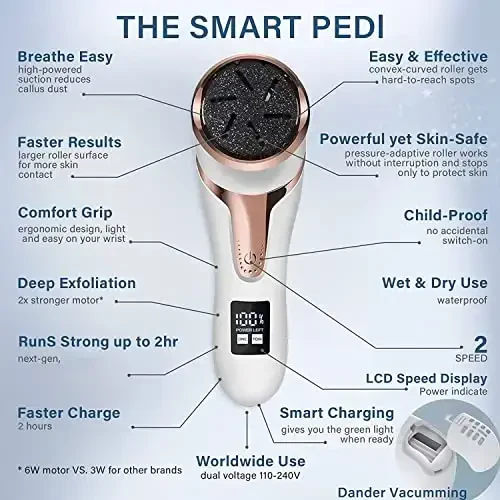 Hoxida Electric Callus Remover for Feet (with Dander Vacuum Cleaner), Quartz, Rechargeable Foot Pedicure Tools Foot File, Professional Foot Care Kit Deadskin Remover with 3Heads&2Speed,LCD Display - HOXIDA (1)