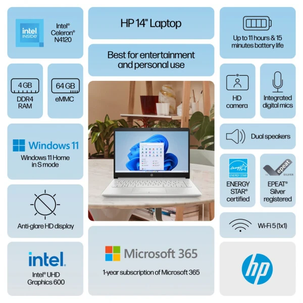 HP 14 dyuymli Windows noutbuki Intel Celeron N4120 4GB RAM 64GB eMMC Silver (12 oylik Microsoft 365 bilan birga)-NATURALSILVER - HP (1)