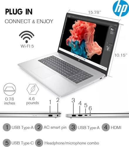 HP 2024 Eng yangi 17 dyuymli noutbuk, 17.3” HD+ Tegin ekranli noutbuk kompyuteri, Intel Pentium Silver N5030, 64GB DDR4 RAM, 2TB SSD, Windows 11, 1 yillik Office 365, Uzoq batareya muddati, Veb-kamera, Wi-Fi, USB-C, Kumush - 5