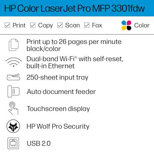 HP Color Laserjet Pro MFP 3301fdw Kablosuz Çok İşlevli Renkli Lazer Yazıcı, Ofis Yazıcısı, Tarayıcı, Fotokopi, Faks, ADF, Çift Taraflı Baskı, Ofis İçin En Uygun (499Q5F) - 3