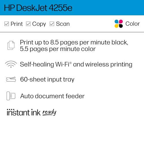 HP DeskJet 4255e Kablosuz Hepsi Bir Arada Renkli Mürekkep Püskürtmeli Yazıcı, Tarayıcı, Fotokopi Cihazı, Ev İçin En Uygun, 3 Ay Mürekkep Dahil (588S6A) - 3