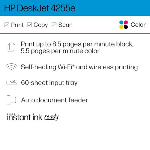 HP DeskJet 4255e Wireless All-in-One Color Inkjet Printer, Scanner, Copier, Best-for-Home, 3 Months of Ink Included (588S6A) - 3