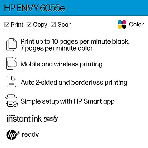 HP ENVY 6055e Wireless Color Inkjet Printer, Print, scan, copy, Easy setup, Mobile printing, Best-for-home, 3 months of Instant Ink included, white - 2