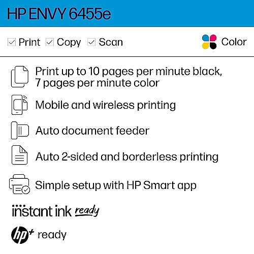 HP ENVY 6455e Wireless Color Inkjet Printer, Print, scan, copy, Easy setup, Mobile printing, Best for home, Instant Ink with HP+ (3 months included), white - 2