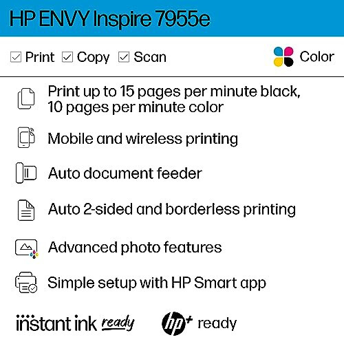 HP ENVY Inspire 7955e Wireless Color Inkjet Printer, Print, scan, copy, Easy setup, Mobile printing, Best-for home, Instant Ink with HP+,White - 2