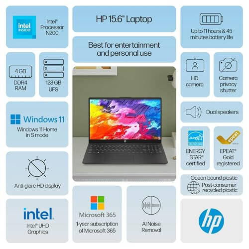 HP Flagship 15.6 HD Talaba uchun noutbuk, Intel To'rt Yadroli Pentium N200 (i5-8250U'dan yaxshiroq), 8GB RAM, 128GB SSD, WiFi, Veb-kamera, Tez Zaryadlash, HDMI, 1 Yil Microsoft Office 365, Win 11, 4-da-1 Aksessuar - 2