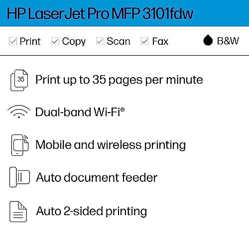 HP LaserJet Pro MFP 3101fdw Simsiz Qora va Oq Ko'p Funktsiyali Lazer Printer, Skaner, Nusxa Ko'chirish Mashinasi, Faks, Ofis uchun Eng Yaxshi (3G628F) - 2