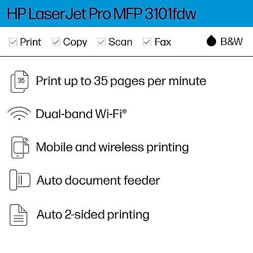 HP LaserJet Pro MFP 3101fdw Wireless Black & White All-in-One Laser Printer, Scanner, Copier, Fax, Best-for-Office (3G628F) - 2