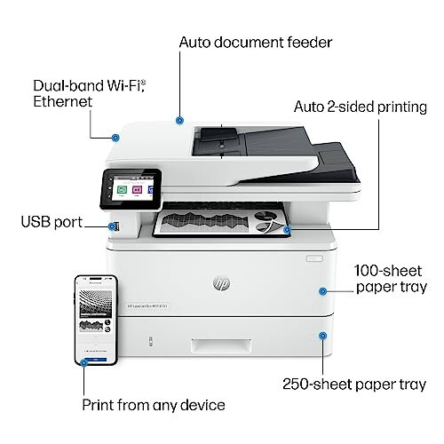 HP LaserJet Pro MFP 4101fdw Wireless Black & White All-in-One Laser Printer, Scanner, Copier, Fax, Best-for-Office (2Z619F) - 4