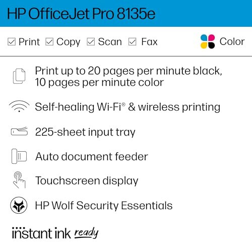 HP OfficeJet Pro 8135e Simsiz Ko'p Funktsiyali Rangli Siyohli Printer, Chop etish, Skanslash, Nusxa Ko'chirish, Faks, ADF, Ikki Tomonlama Chop etish, Uy Ofisi Uchun Eng Yaxshi, 3 Oylik Siyohli Maslahatlar (40Q35A) - 2