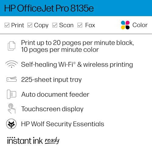 HP OfficeJet Pro 8135e Simsiz Ko'p Funktsiyali Rangli Siyohli Printer, Chop etish, Skanslash, Nusxa Ko'chirish, Faks, ADF, Ikki Tomonlama Chop etish, Uy Ofisi Uchun Eng Yaxshi, 3 Oylik Siyohli Maslahatlar (40Q35A) - 2