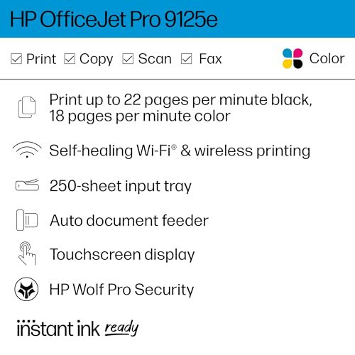 HP OfficeJet Pro 9125e Ko‘p funksiyali Printer, Rangli, Kichik va O‘rta Biznes uchun Printer, Chop etish, Nusxa ko‘chirish, Sknerlash, Faks, Sensorli ekran; Smart Advance Scan, 3 oy Instant Ink kiritilgan - 2