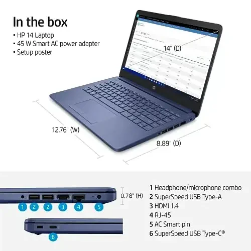 HP Portativ noutbuki (1 yillik Microsoft 365 bilan), 14 dyuymli HD displey, 16 GB RAM, 64 GB eMMC, Intel Quad-Core N4120, Talaba va biznes uchun, Veb-kamera, HDMI, Wi-Fi, RJ-45, Windows 11 Home, Kulrang-ko'k - 4