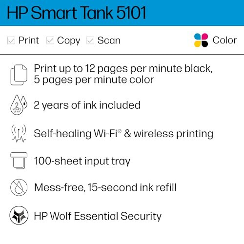 HP Smart Tank 5101 Беспроводной многофункциональный струйный принтер с резервуаром для чернил, 2 года чернил в комплекте, Печать, сканирование, копирование, Оптимально для дома, Заправляемый резервуар для чернил (1F3Y0A) - 2