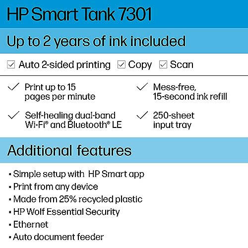 HP Smart Tank 7301 Simsiz Hammasi Bitta Kartrijsiz siyohli Printer, 2 yilgacha siyoh kiradi, mobil chop etish, skanerlash, nusxa ko'chirish, avtomatik hujjatlarni o'z-o'zidan berish (28B70A), Kulrang - 2