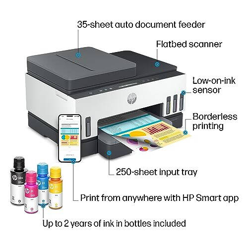 HP Smart Tank 7301 Simsiz Hammasi Bitta Kartrijsiz siyohli Printer, 2 yilgacha siyoh kiradi, mobil chop etish, skanerlash, nusxa ko'chirish, avtomatik hujjatlarni o'z-o'zidan berish (28B70A), Kulrang - 3