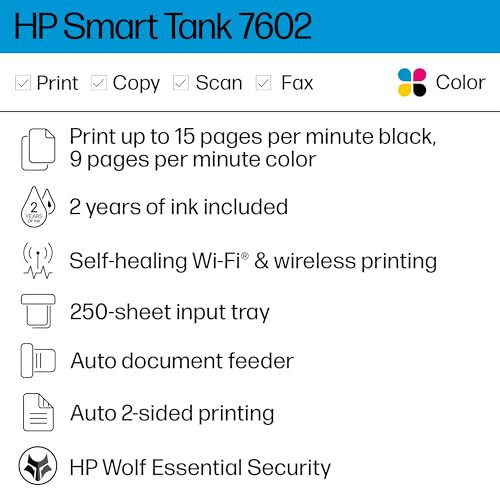 HP Smart Tank 7602 Беспроводной многофункциональный струйный принтер с резервуарами для чернил, 2 года чернил в комплекте, печать, сканирование, копирование, факс, идеально подходит для дома, перезаправляемый резервуар для чернил (28B98A) - 2