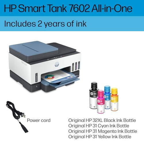 HP Smart Tank 7602 Simsiz Ko'p Funktsiyali Mực Tankli Printer, 2 yilga mo'ljallangan siyoh bilan, Chop etish, skanerlash, nusxa ko'chirish, faks, Uy uchun eng yaxshi, Qayta to'ldiriladigan siyoh tanki (28B98A) - 7